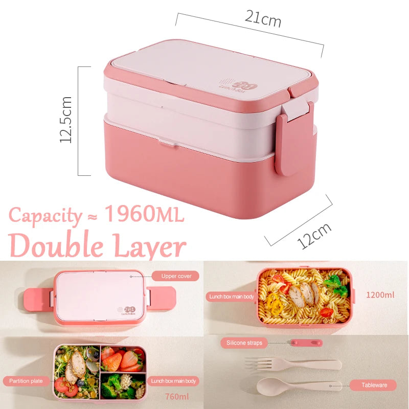 Portable Lunch Box Bamboo Fiber 3 in 1 Double Layer Bento BOX, Microwavable Picnic Lunch Box