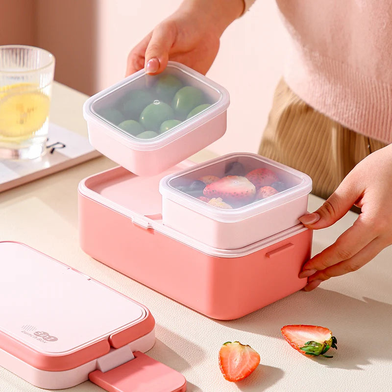 Portable Lunch Box Bamboo Fiber 3 in 1 Double Layer Bento BOX, Microwavable Picnic Lunch Box