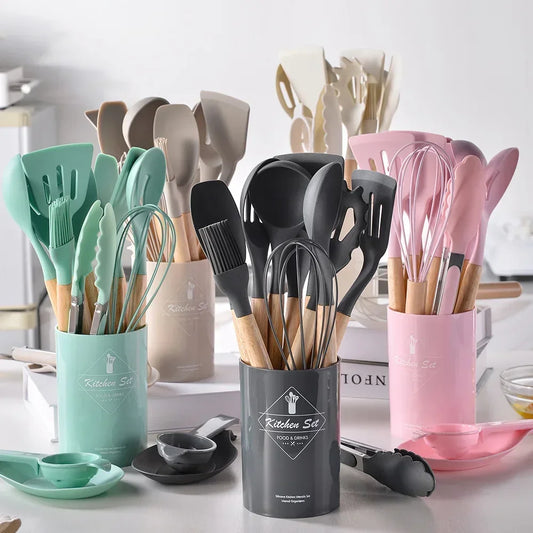 12PCS Silicone Kitchenware Set – Non-Stick Cooking Utensils with Wooden Handles