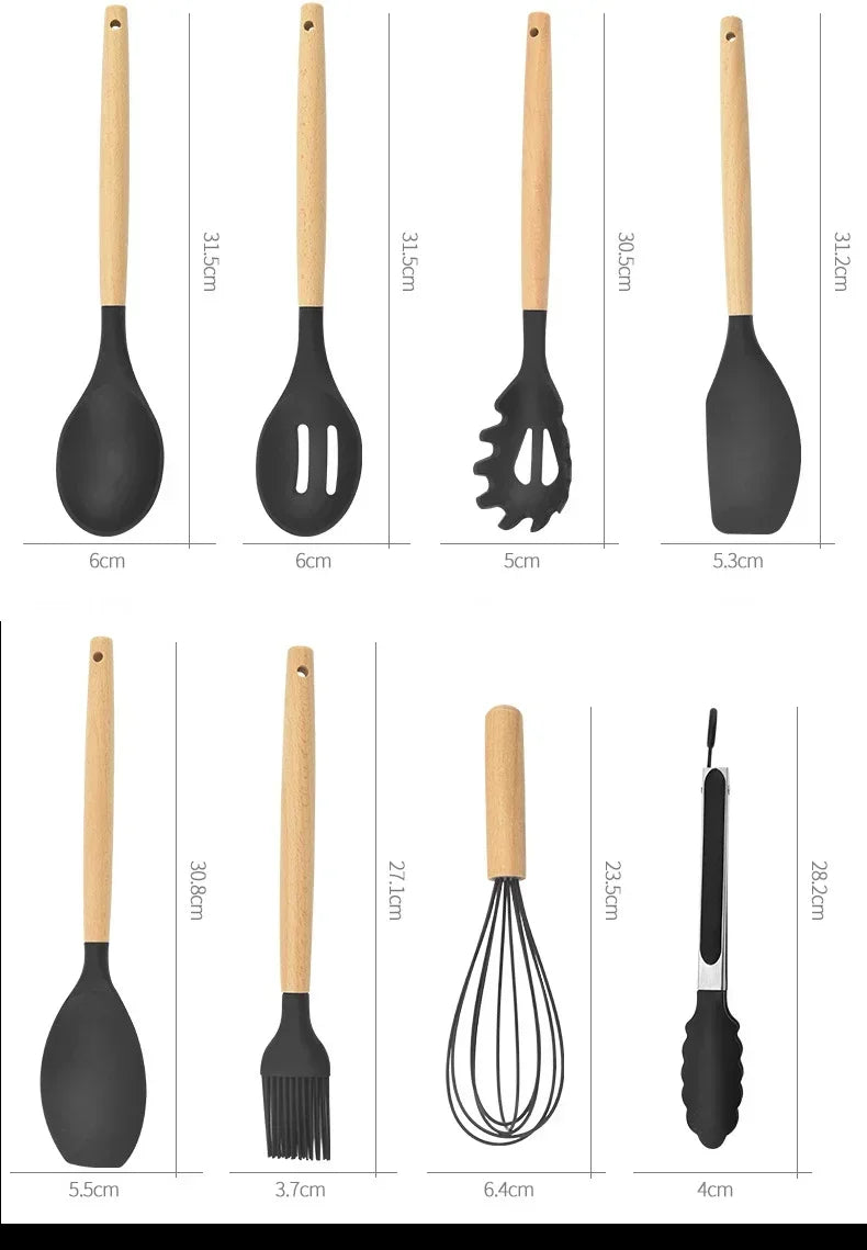 12PCS Silicone Kitchenware Set – Non-Stick Cooking Utensils with Wooden Handles