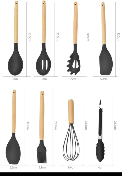 12PCS Silicone Kitchenware Set – Non-Stick Cooking Utensils with Wooden Handles