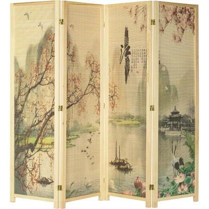 4-Panel Folding Bamboo Room Divider – Asian-Inspired Cherry Blossom Scene