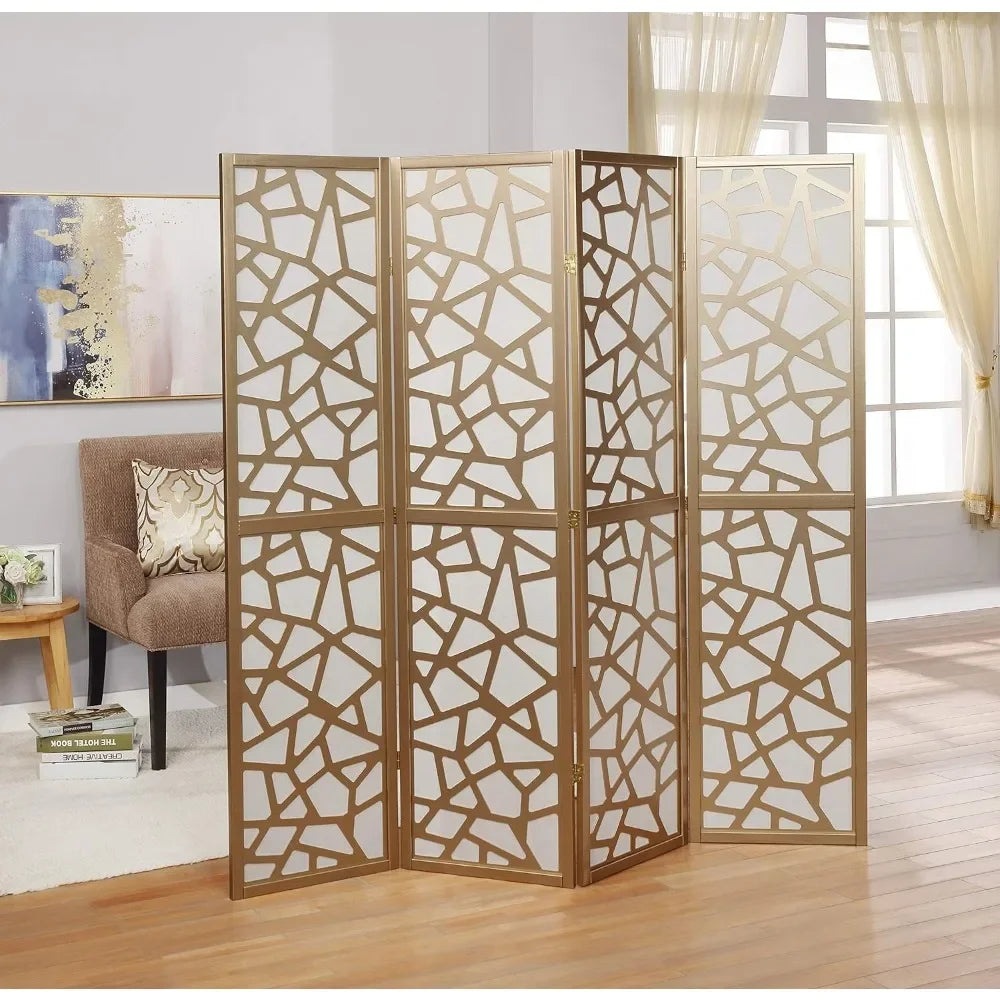 4 Panel Screen Room Divider with Gold Curtain – Stylish Space Separator