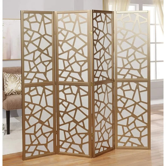 4 Panel Screen Room Divider with Gold Curtain – Stylish Space Separator