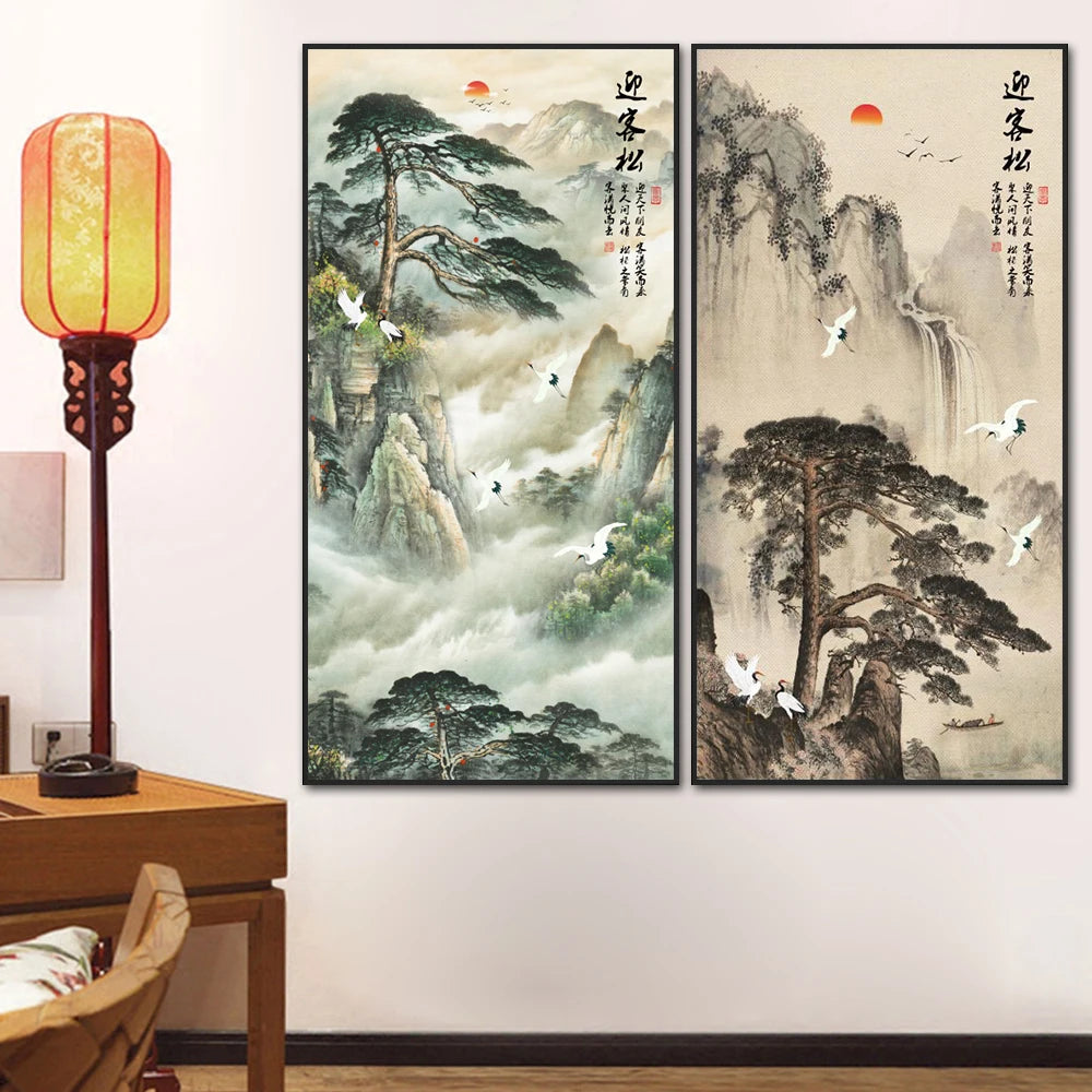 Chinese Ink Style Pine Tree Alpine Flow Water Wall Art Poster – Elegant Canvas Painting for Home and Office Decor