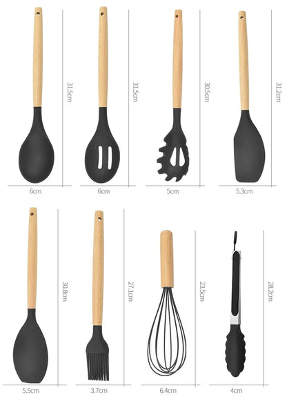 12PCS Silicone Kitchenware Set – Non-Stick Cooking Utensils with Wooden Handles