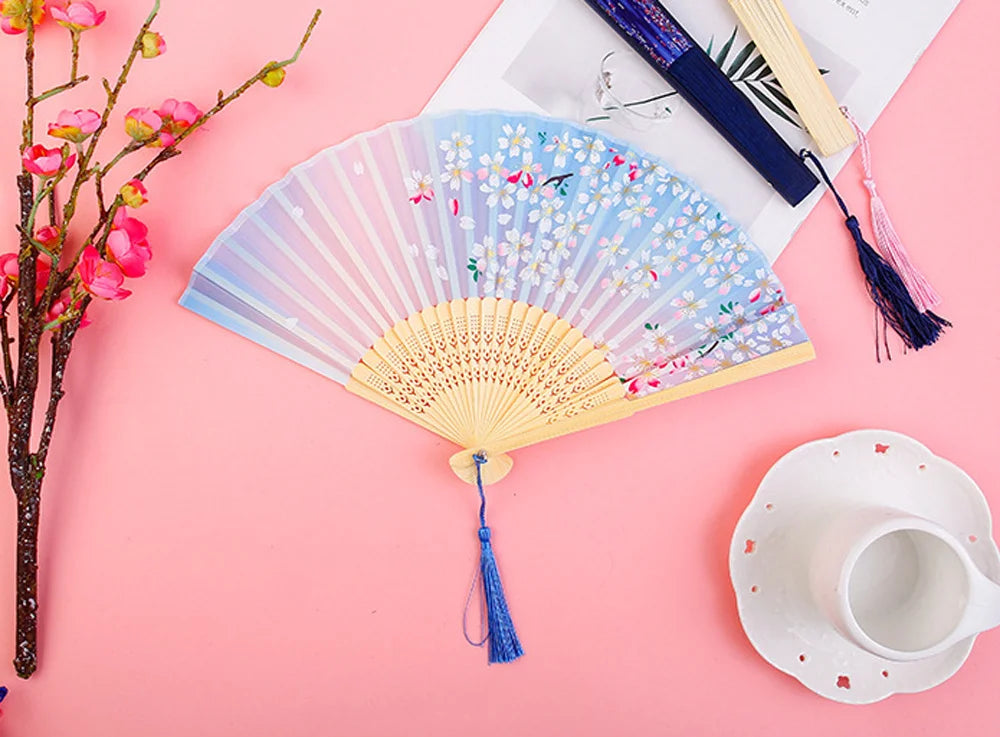 Chinese Japanese Silk Bamboo Folding Fan – Elegant Handheld Art Craft