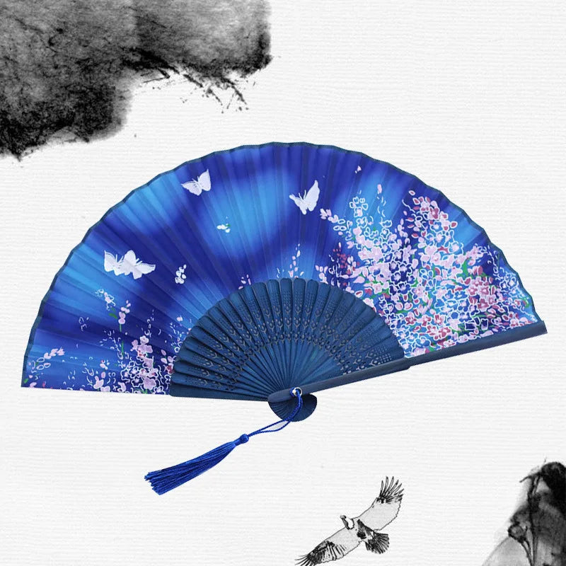 Chinese Japanese Silk Bamboo Folding Fan – Elegant Handheld Art Craft