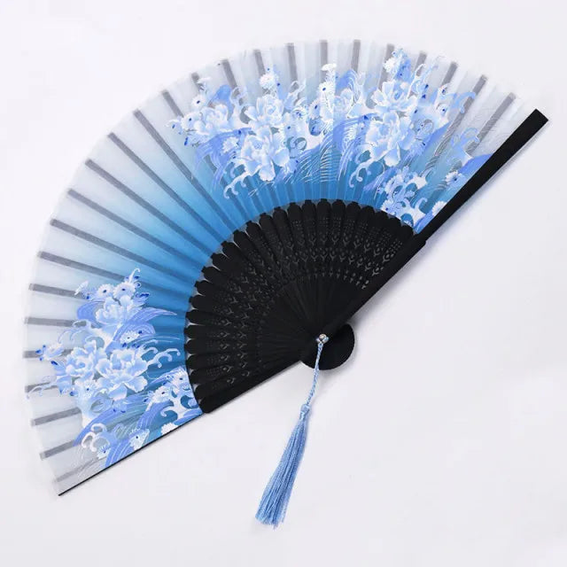 Chinese Japanese Silk Bamboo Folding Fan – Elegant Handheld Art Craft