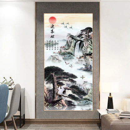 Chinese Ink Style Pine Tree Alpine Flow Water Wall Art Poster – Elegant Canvas Painting for Home and Office Decor