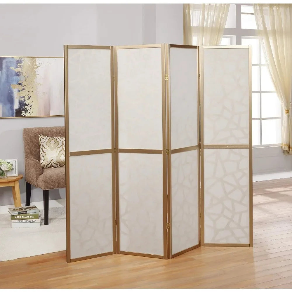 4 Panel Screen Room Divider with Gold Curtain – Stylish Space Separator