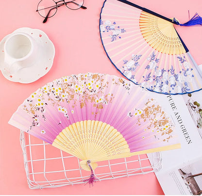 Chinese Japanese Silk Bamboo Folding Fan – Elegant Handheld Art Craft