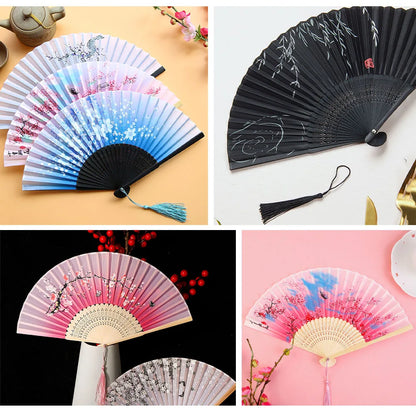 Chinese Japanese Silk Bamboo Folding Fan – Elegant Handheld Art Craft