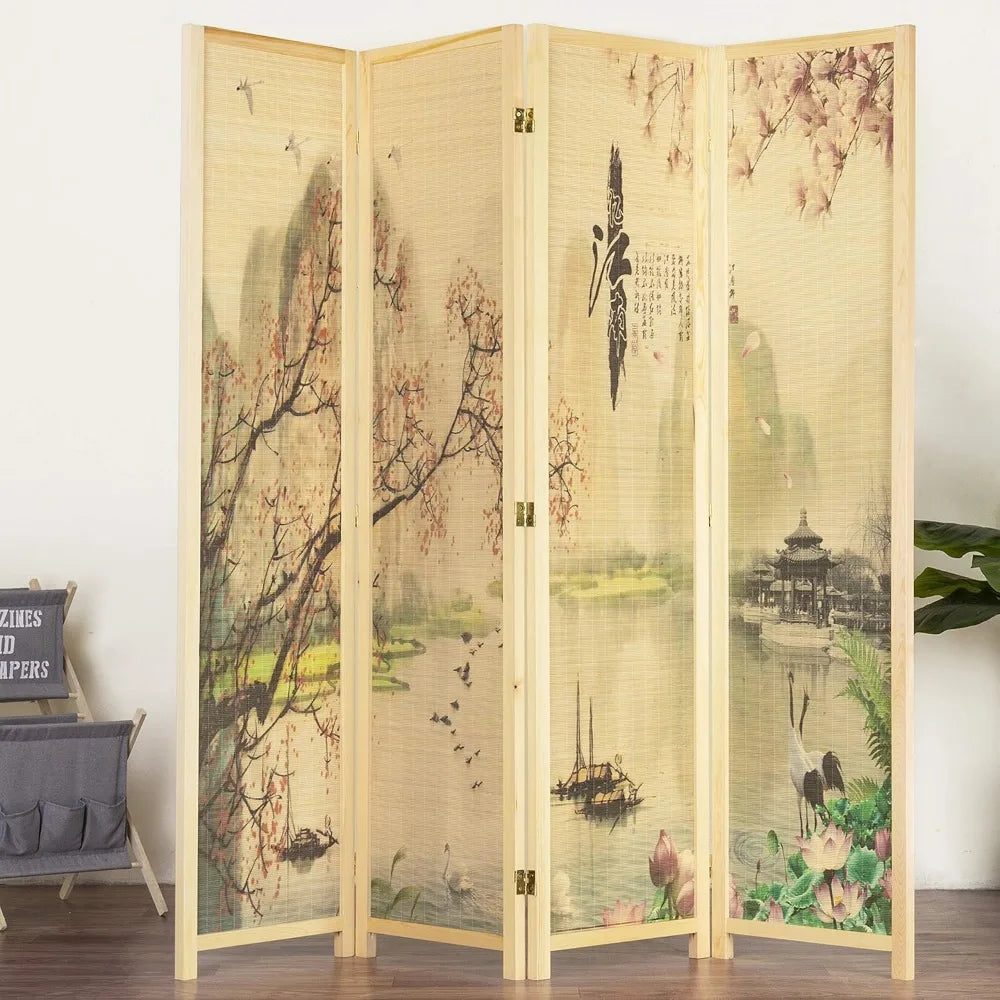 4-Panel Folding Bamboo Room Divider – Asian-Inspired Cherry Blossom Scene