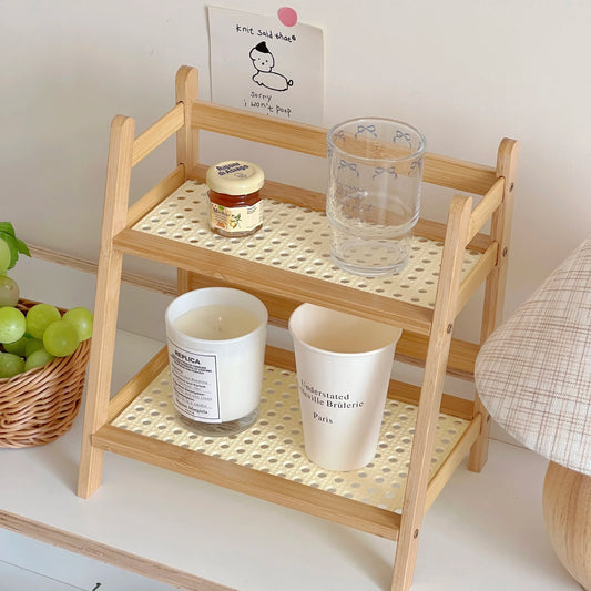 Wooden Rattan Kitchen Storage Shelf - Multifunctional Desktop Organizer, Spice Rack, Makeup & Office Desk Storage