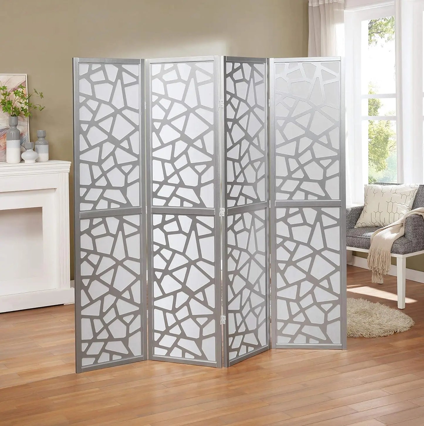 4 Panel Screen Room Divider with Gold Curtain – Stylish Space Separator