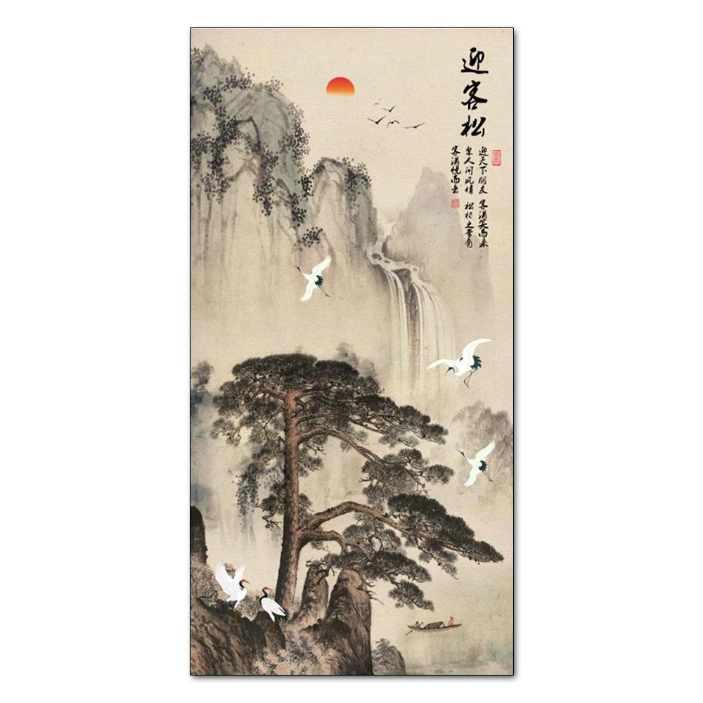 Chinese Ink Style Pine Tree Alpine Flow Water Wall Art Poster – Elegant Canvas Painting for Home and Office Decor