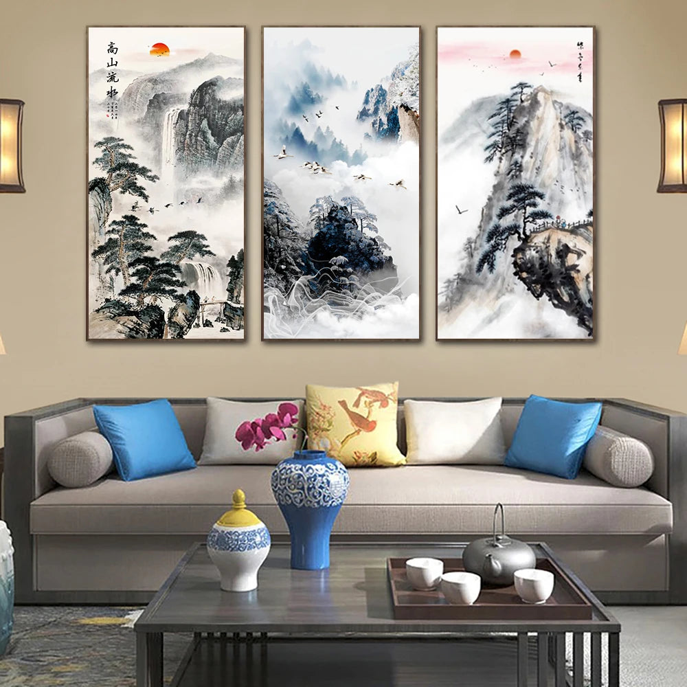 Chinese Ink Style Pine Tree Alpine Flow Water Wall Art Poster – Elegant Canvas Painting for Home and Office Decor