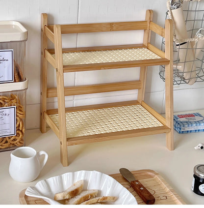 Wooden Rattan Kitchen Storage Shelf - Multifunctional Desktop Organizer, Spice Rack, Makeup & Office Desk Storage