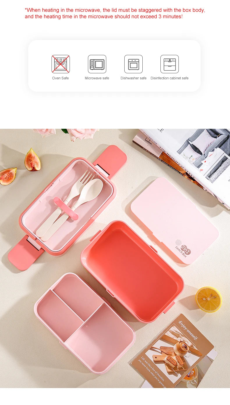 Portable Lunch Box Bamboo Fiber 3 in 1 Double Layer Bento BOX, Microwavable Picnic Lunch Box