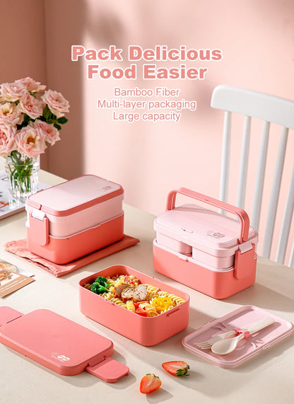 Portable Lunch Box Bamboo Fiber 3 in 1 Double Layer Bento BOX, Microwavable Picnic Lunch Box