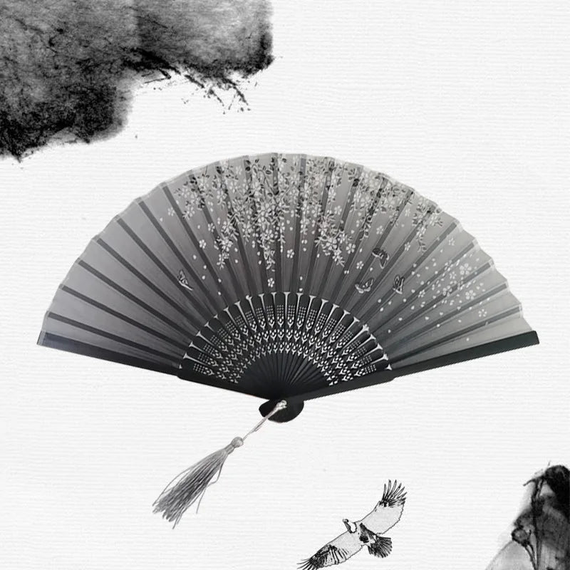 Chinese Japanese Silk Bamboo Folding Fan – Elegant Handheld Art Craft