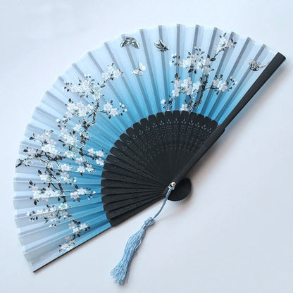 Chinese Japanese Silk Bamboo Folding Fan – Elegant Handheld Art Craft