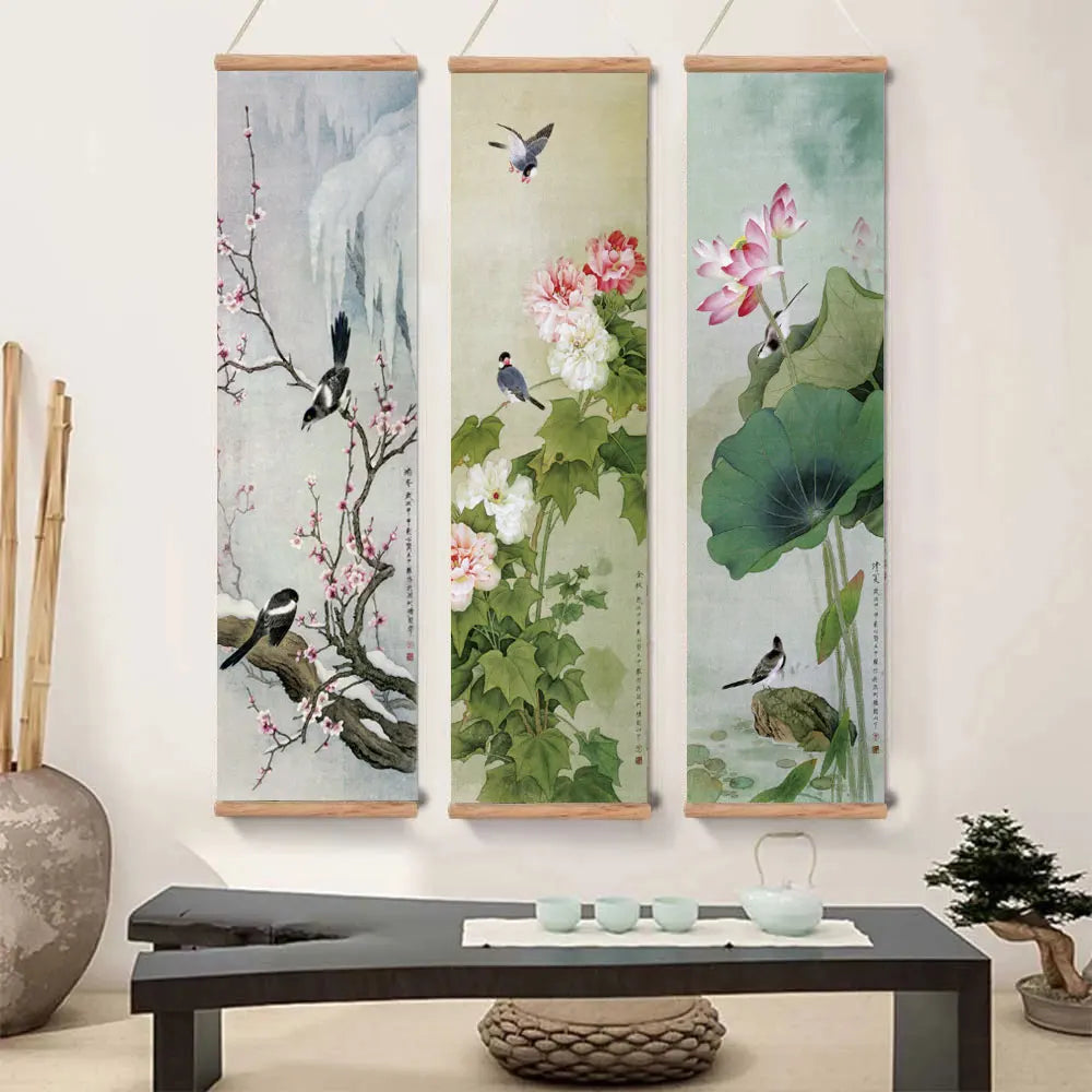 Chinese Style Ink Art Poster – Bird and Flowers Wall Art Canvas Painting