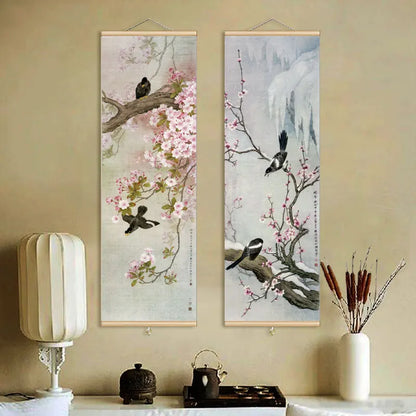 Chinese Style Ink Art Poster – Bird and Flowers Wall Art Canvas Painting