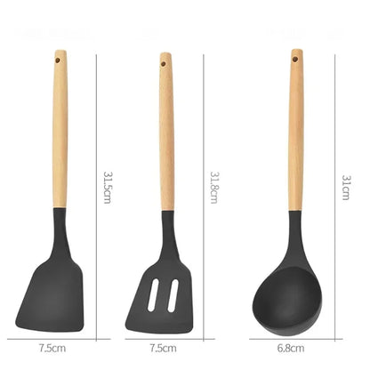 12PCS Silicone Kitchenware Set – Non-Stick Cooking Utensils with Wooden Handles