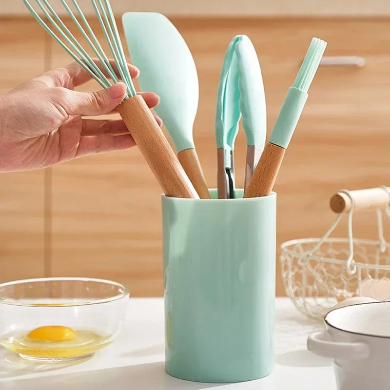 12PCS Silicone Kitchenware Set – Non-Stick Cooking Utensils with Wooden Handles