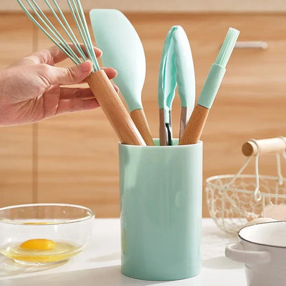 12PCS Silicone Kitchenware Set – Non-Stick Cooking Utensils with Wooden Handles