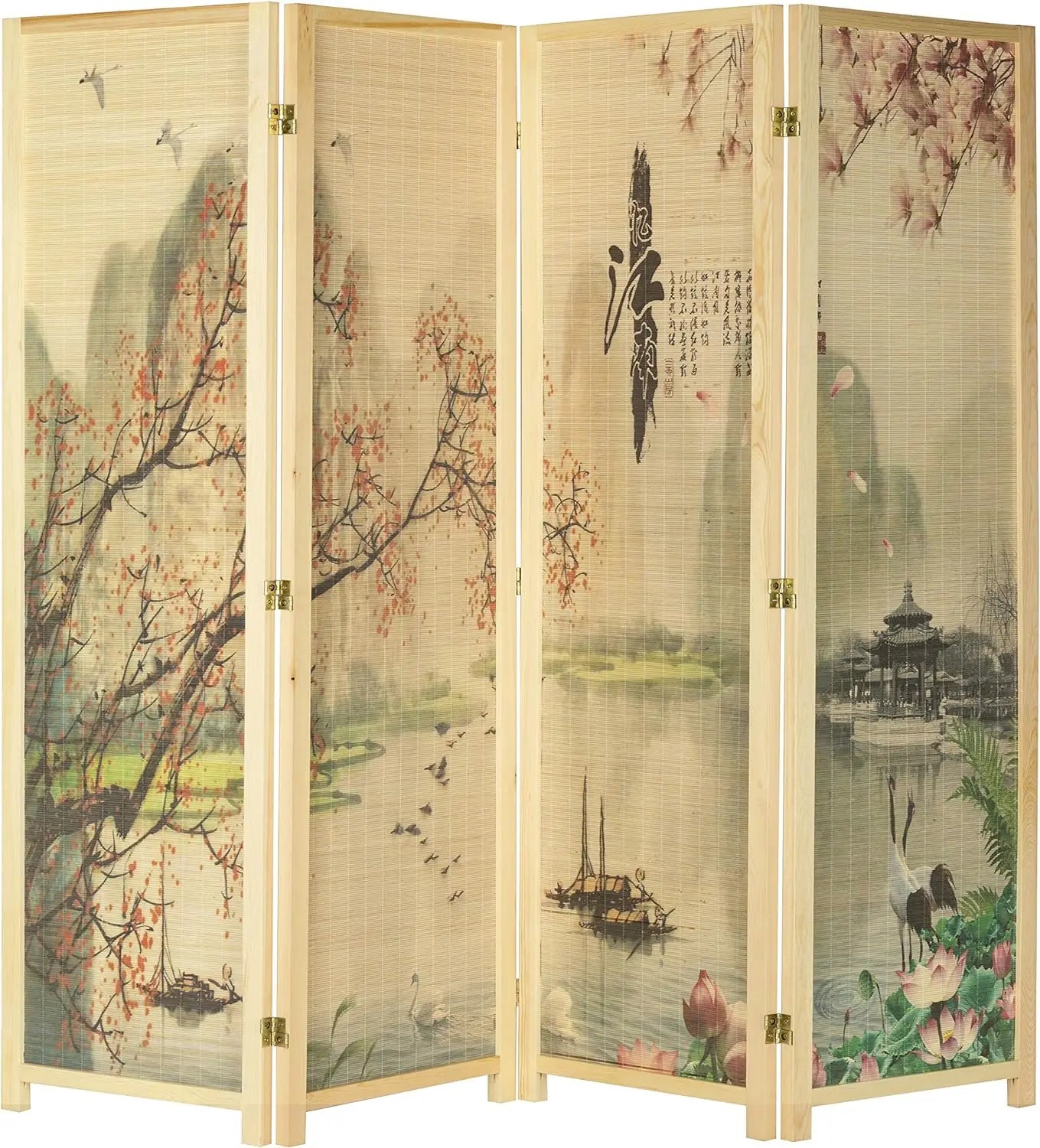 4-Panel Folding Bamboo Room Divider – Asian-Inspired Cherry Blossom Scene