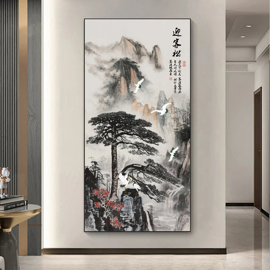 Chinese Ink Style Pine Tree Alpine Flow Water Wall Art Poster – Elegant Canvas Painting for Home and Office Decor