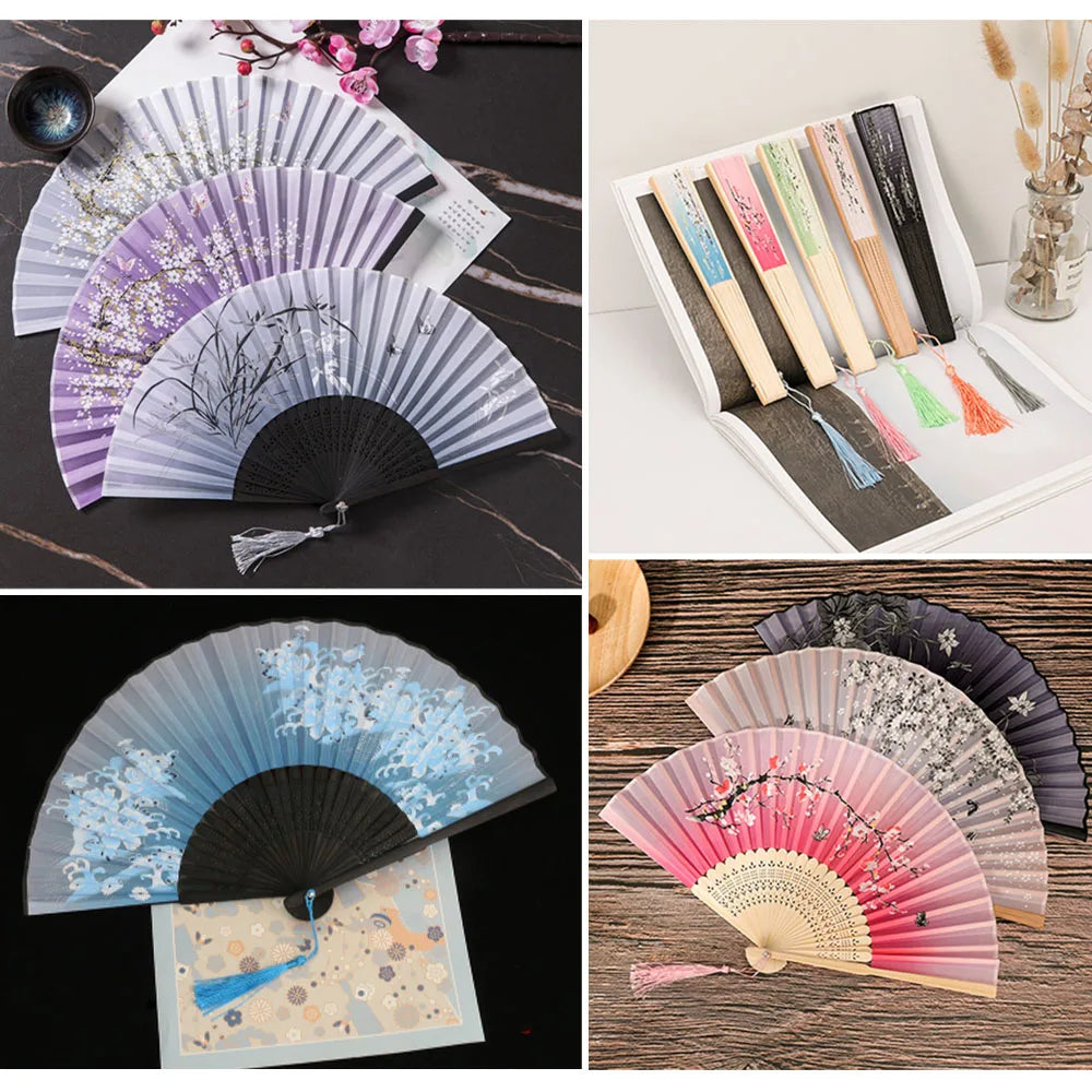 Chinese Japanese Silk Bamboo Folding Fan – Elegant Handheld Art Craft