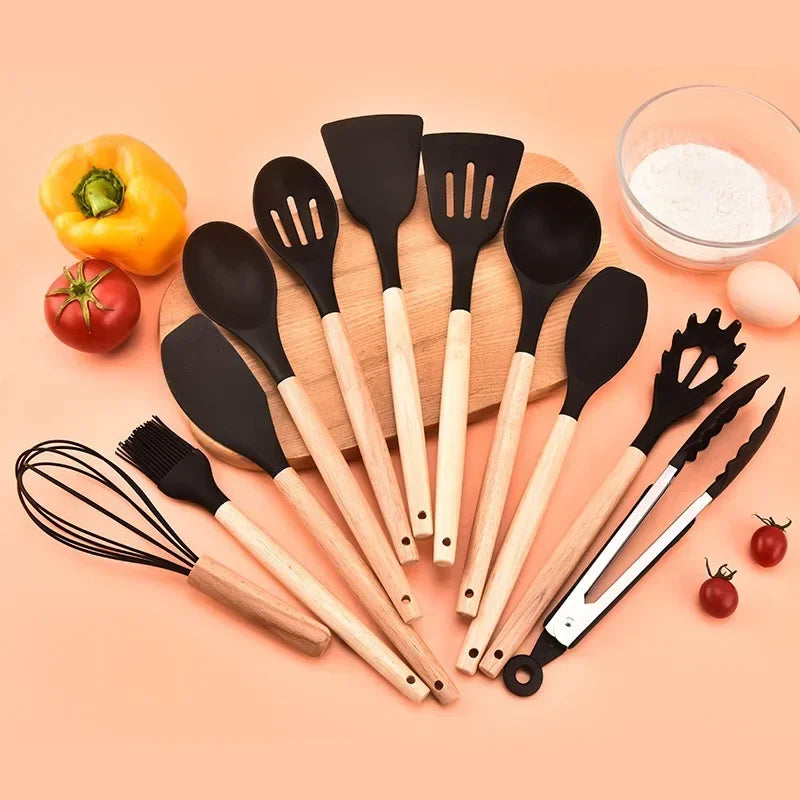 12PCS Silicone Kitchenware Set – Non-Stick Cooking Utensils with Wooden Handles