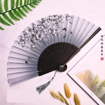 Chinese Japanese Silk Bamboo Folding Fan – Elegant Handheld Art Craft