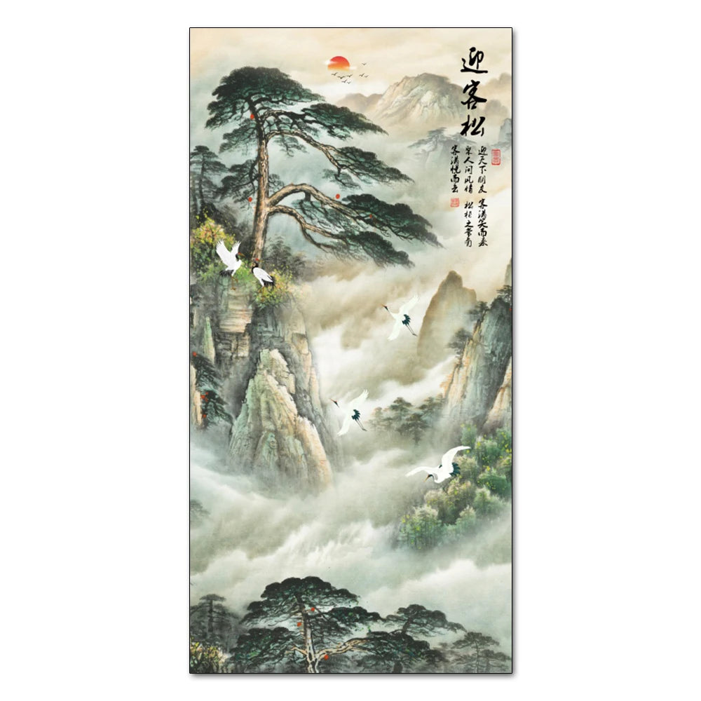 Chinese Ink Style Pine Tree Alpine Flow Water Wall Art Poster – Elegant Canvas Painting for Home and Office Decor