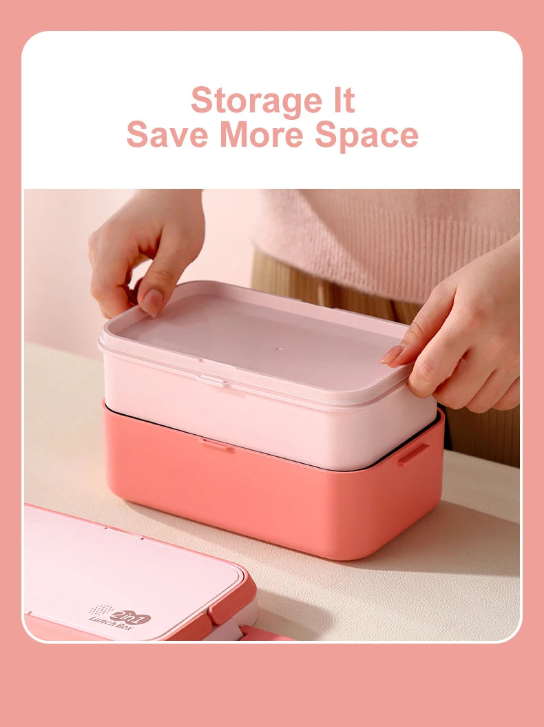 Portable Lunch Box Bamboo Fiber 3 in 1 Double Layer Bento BOX, Microwavable Picnic Lunch Box