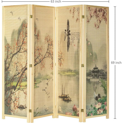 4-Panel Folding Bamboo Room Divider – Asian-Inspired Cherry Blossom Scene