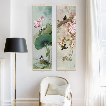 Chinese Style Ink Art Poster – Bird and Flowers Wall Art Canvas Painting