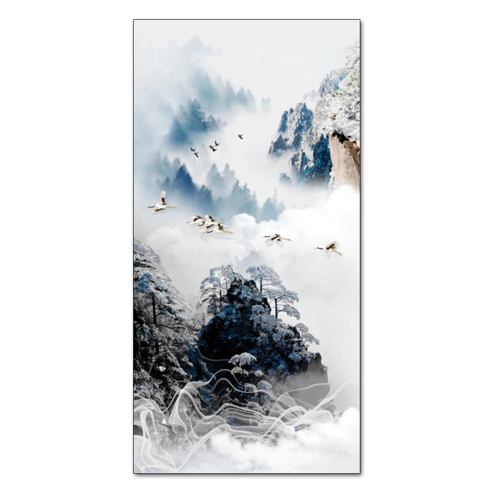 Chinese Ink Style Pine Tree Alpine Flow Water Wall Art Poster – Elegant Canvas Painting for Home and Office Decor