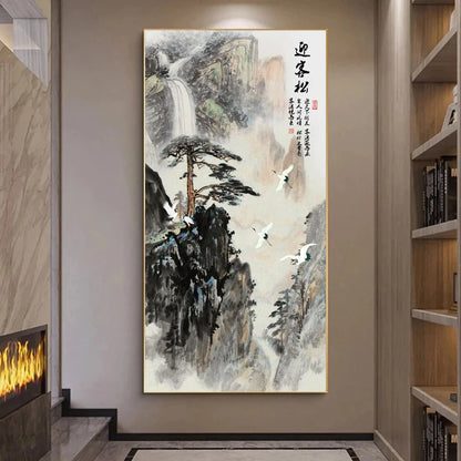 Chinese Ink Style Pine Tree Alpine Flow Water Wall Art Poster – Elegant Canvas Painting for Home and Office Decor