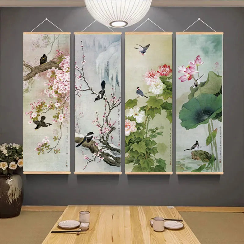 Chinese Style Ink Art Poster – Bird and Flowers Wall Art Canvas Painting