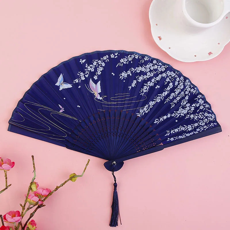 Chinese Japanese Silk Bamboo Folding Fan – Elegant Handheld Art Craft