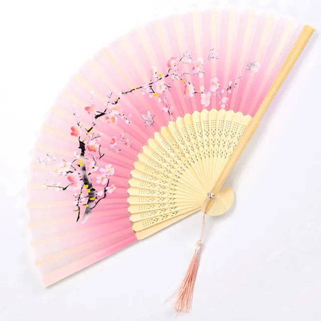 Chinese Japanese Silk Bamboo Folding Fan – Elegant Handheld Art Craft