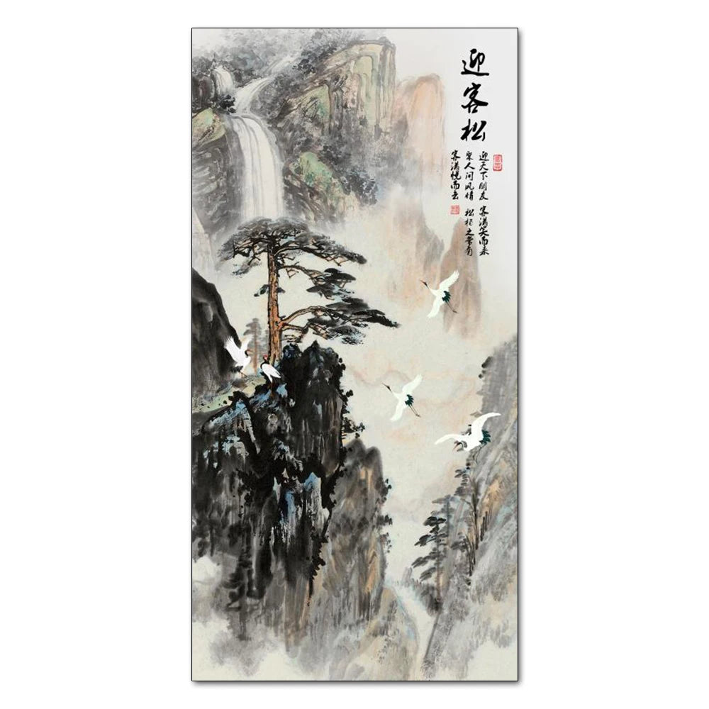 Chinese Ink Style Pine Tree Alpine Flow Water Wall Art Poster – Elegant Canvas Painting for Home and Office Decor