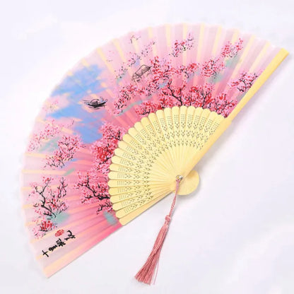 Chinese Japanese Silk Bamboo Folding Fan – Elegant Handheld Art Craft