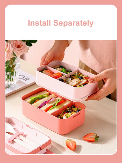 Portable Lunch Box Bamboo Fiber 3 in 1 Double Layer Bento BOX, Microwavable Picnic Lunch Box