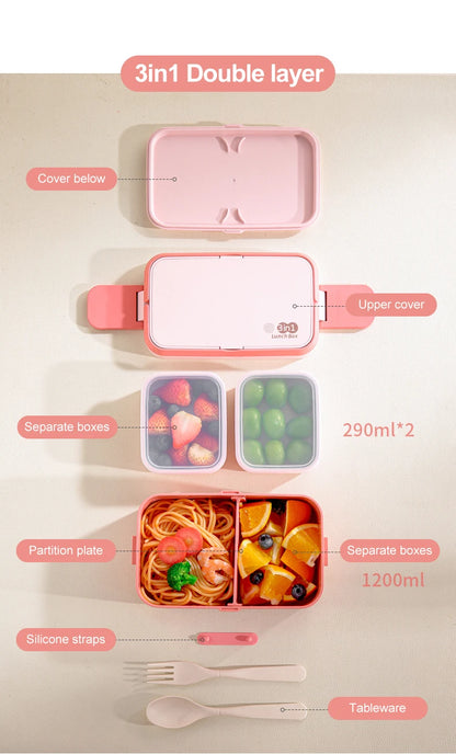 Portable Lunch Box Bamboo Fiber 3 in 1 Double Layer Bento BOX, Microwavable Picnic Lunch Box